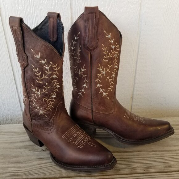 JB Dillon Rhinestone Womens Brown Leather Embroidered Boots 9.5 B JBRCC101 - Picture 1 of 13